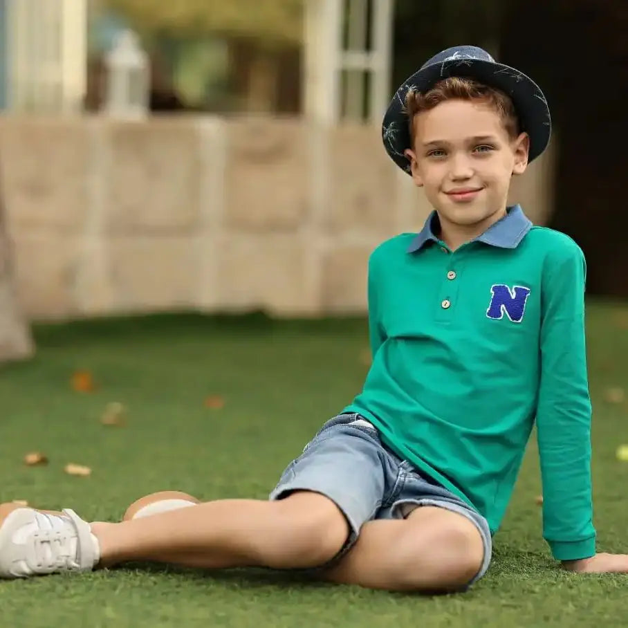 Green Polo Kids Outfits with Navy Letter Patch, Coordinating Girls Dresses, Boys Shirts and Shorts and Baby Girl Set Styles for Family Photos