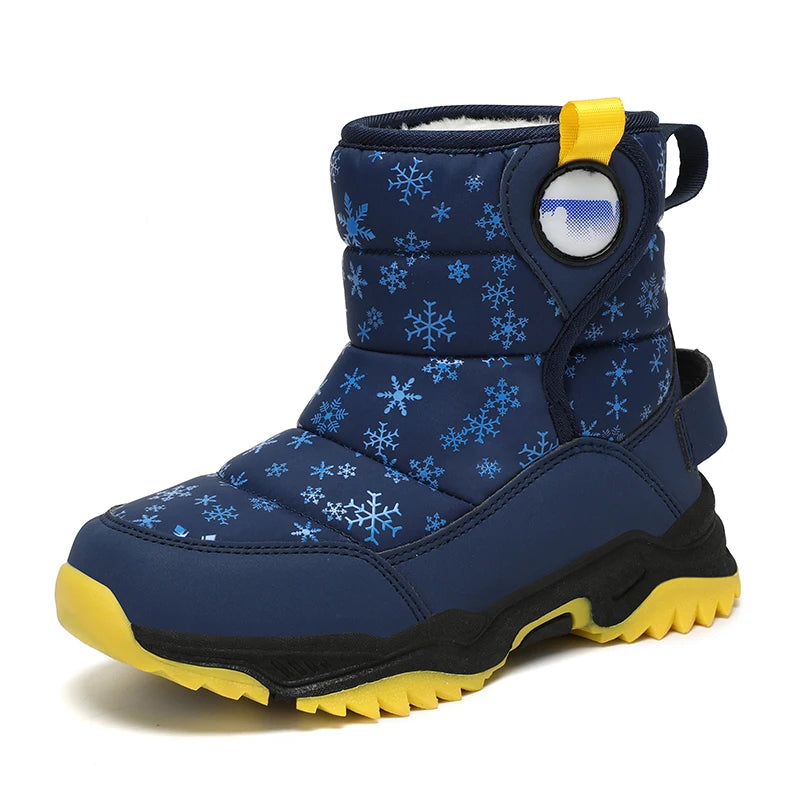 Snowflake Print Kids Winter Boots with Padded Shafts, Pull Tabs and Chunky Tread Soles, Pink Snow-Style Footwear for Boys and Girls