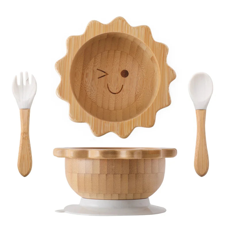Bamboo Baby Suction Bowl and Tableware Options, Sun, Cloud and Dinosaur Designs with Single-Piece or 3-Piece Wooden-Handle Utensil Sets