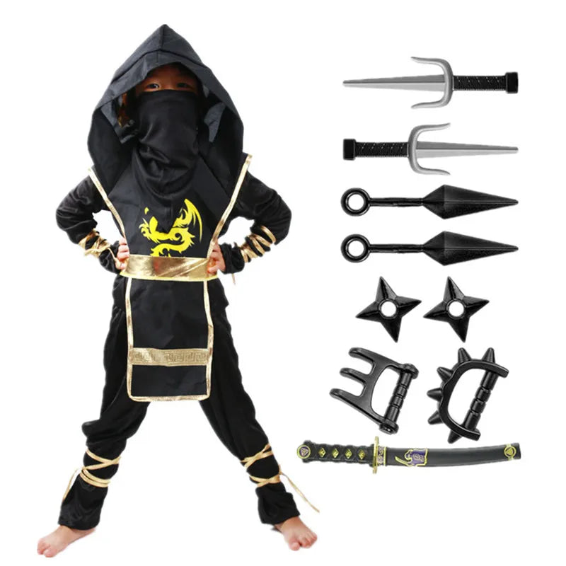Samurai Ninja Costume for Kids with Hooded Warrior Styling and Toy Accessory Options for Halloween Parties, Cosplay and School Performances