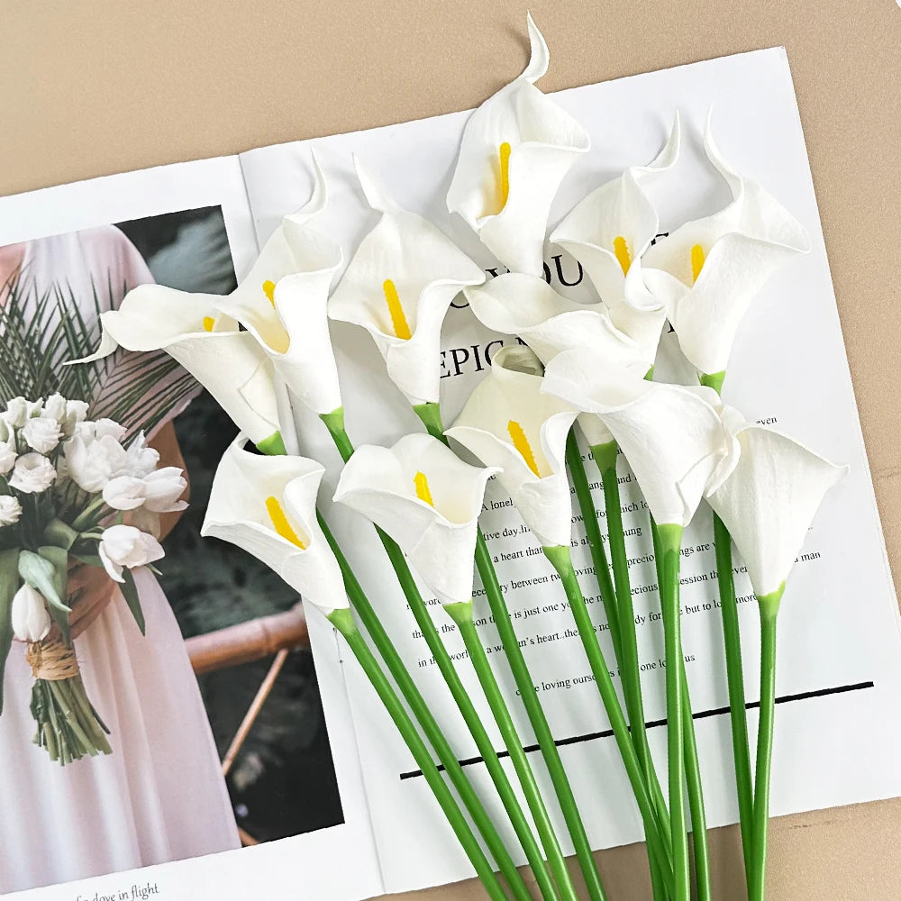 Artificial Calla Lily Flowers for Bridal Bouquets, Faux Floral Stems in Burgundy, Light Purple or White for Wedding and Home Table Decor