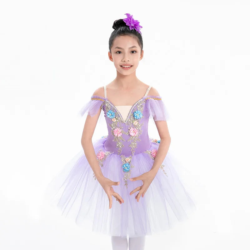 Floral Girls Ballet Tutu Dress with Ruffled Shoulders and Layered Skirt for Dance Recitals, Stage Performances and Group Costumes, Sizes 110-160