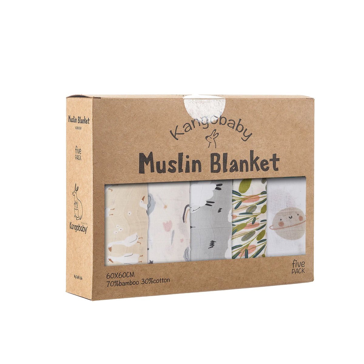 Bamboo Cotton Muslin Blanket Set, 5-Pack 60 x 60 cm Baby Cloths for Burping, Everyday Feeding Cleanup and Baby Shower Gifts by Kangobaby