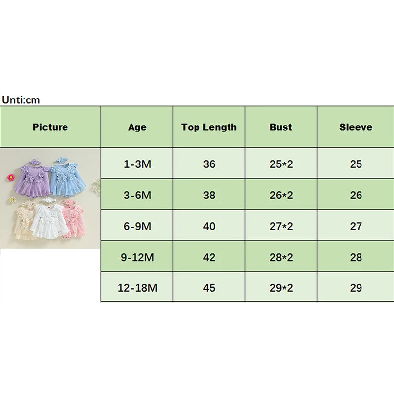 Baby Girl Romper Dress and Headband Set with 3D Flowers, Bow and Mesh Skirt, Long Sleeve Ribbed Cotton-Blend Outfit in Five Colors, 3M-18M