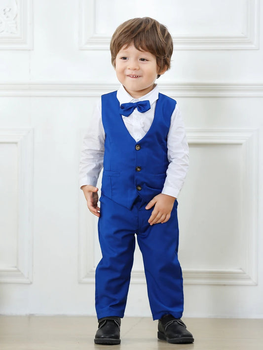 Boys Four Piece Vest Suit with White Long Sleeve Shirt, Matching Pants and Bow Tie, Cotton Formal Outfit for Birthdays and Weddings