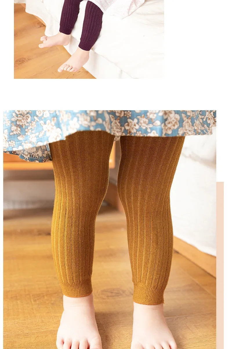 Ribbed Footless Leggings for Babies and Toddler Girls, Solid Color Knit Bottoms in Six Colors and Four Size Groups for Everyday Outfit Layering