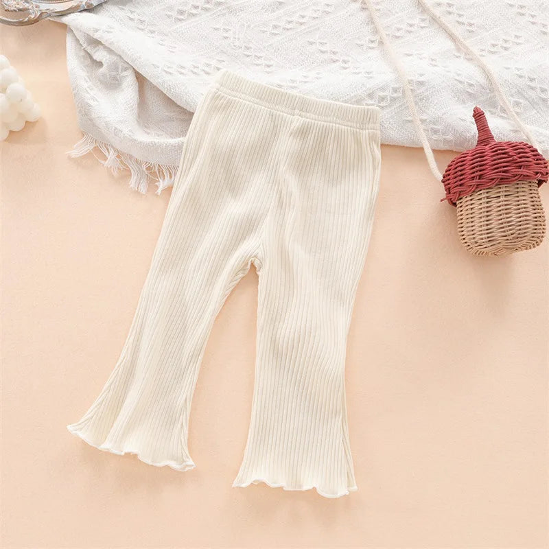 Baby Ribbed Flare Pants for Boys and Girls, Solid Color Pull-On Trousers with Flared Hems in Four Colors, Sizes 6–9M to 4T for Everyday Outfits