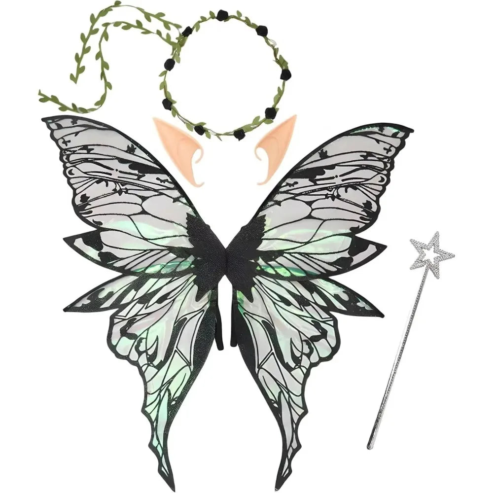 Fairy Wings Costume Set with Organza Butterfly Wings, Elf Ears, Floral Wreath and Star Wand for Halloween, Fantasy Parties and Dress-Up