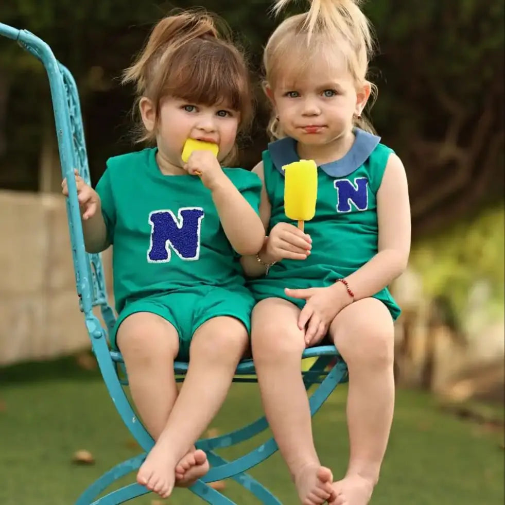 Green Polo Kids Outfits with Navy Letter Patch, Coordinating Girls Dresses, Boys Shirts and Shorts and Baby Girl Set Styles for Family Photos