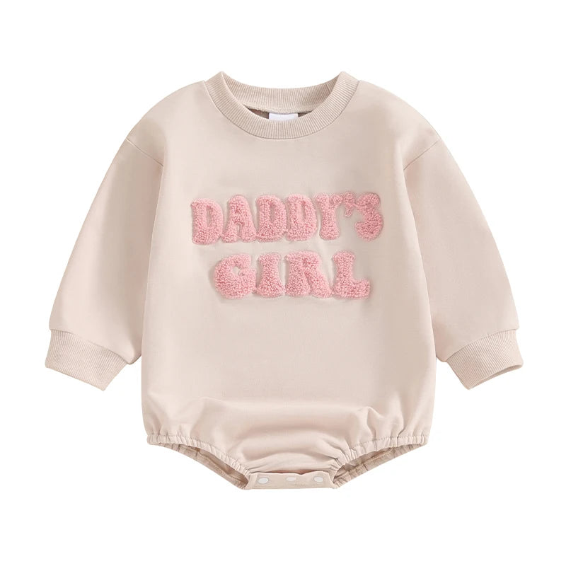 Daddy's Girl Baby Sweatshirt Romper with Letter Embroidery, Cotton-Blend Long Sleeve Crew Neck One-Piece Outfit for Spring and Fall, 3M-18M