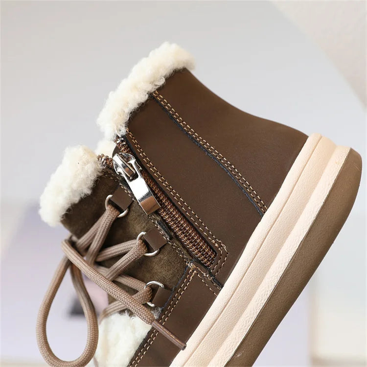 Toddler Fuzzy Trim Ankle Boots with Lace-Up Front and Side Zippers, Plush Winter Styling and Rubber Soles for Boys and Girls, Sizes 21–30