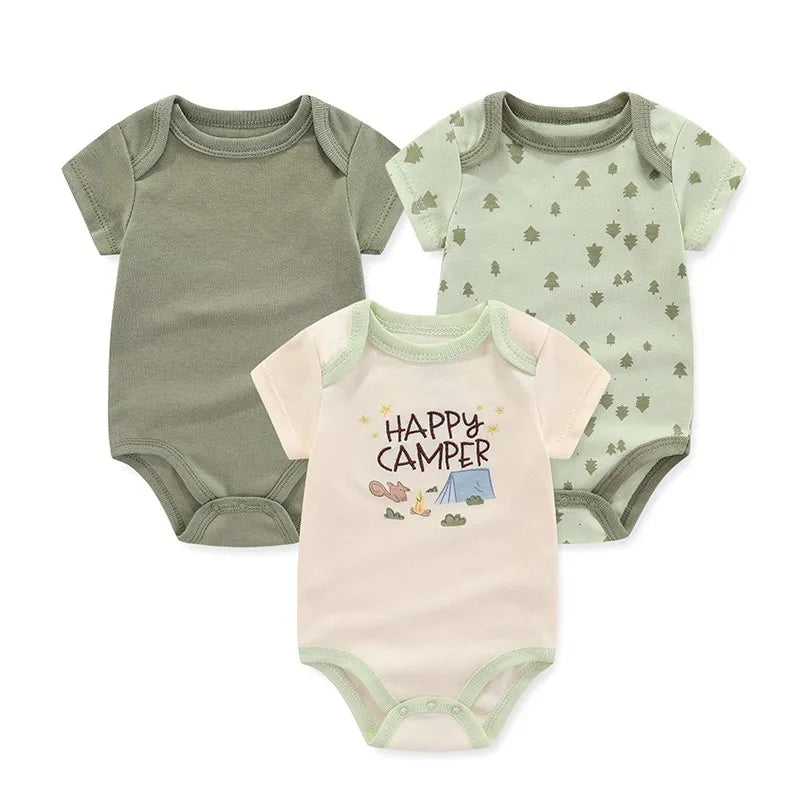 Cotton Infant Bodysuit Trio with Short Sleeves, Printed and Solid Baby One-Piece Outfits with Bottom Snaps for Boys and Girls, 3M-12M