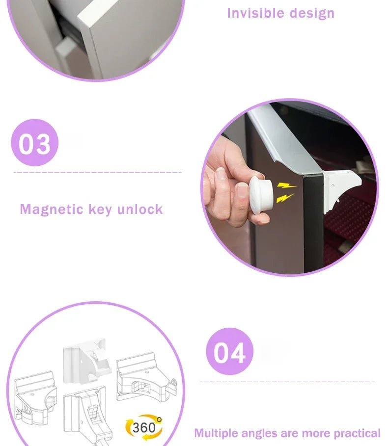 Magnetic Cabinet Safety Locks with Hidden Interior Latches and No-Drill Adhesive Installation for Compatible Drawers and Cupboard Doors