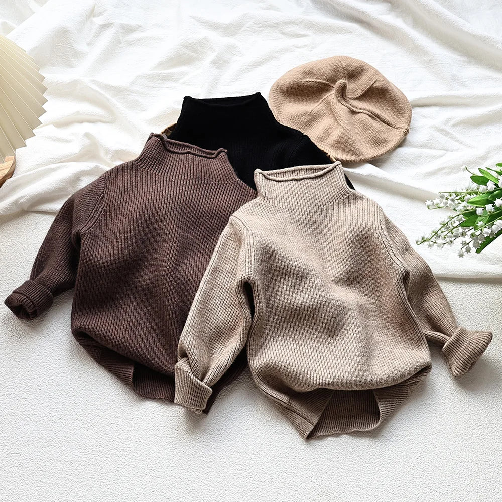 Kids Ribbed Turtleneck Sweater for Boys and Girls, Long Sleeve Knit Pullover in Beige, Brown or Black for Spring and Fall Layering, Sizes 12M-6T