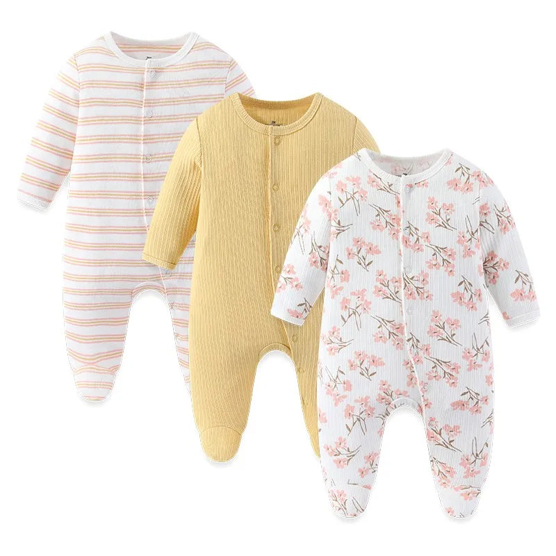 Baby Footed Jumpsuits 3-Pack, 100% Cotton Long Sleeve Cartoon Rompers for Newborn Boys and Girls, Fall and Winter Everyday Outfits