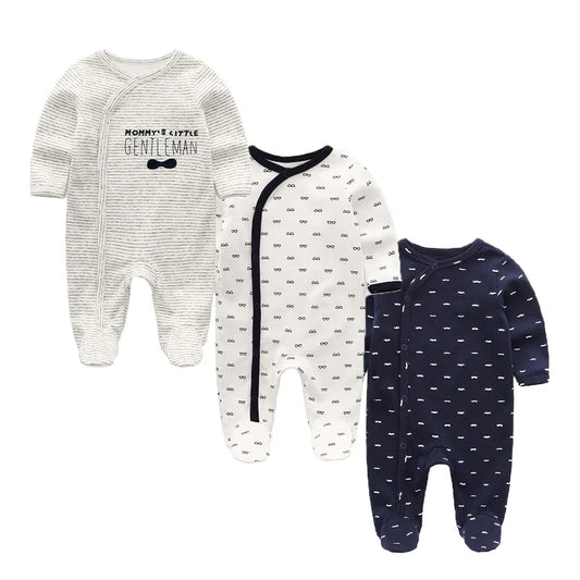 Baby Footed Jumpsuits 3-Pack, 100% Cotton Long Sleeve Cartoon Rompers for Newborn Boys and Girls, Fall and Winter Everyday Outfits