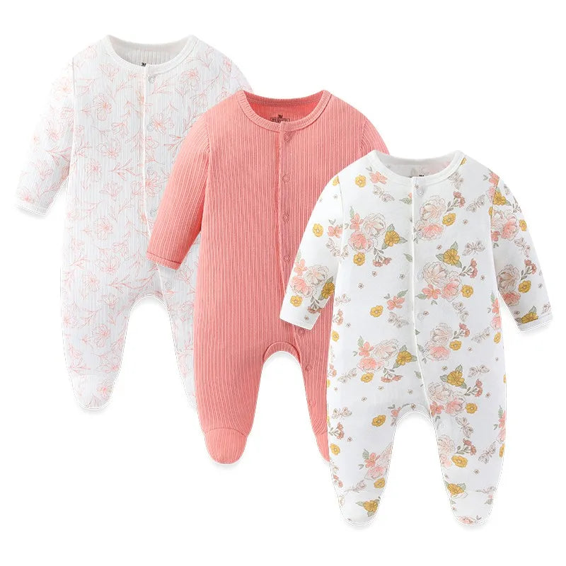 Baby Footed Jumpsuits 3-Pack, 100% Cotton Long Sleeve Cartoon Rompers for Newborn Boys and Girls, Fall and Winter Everyday Outfits
