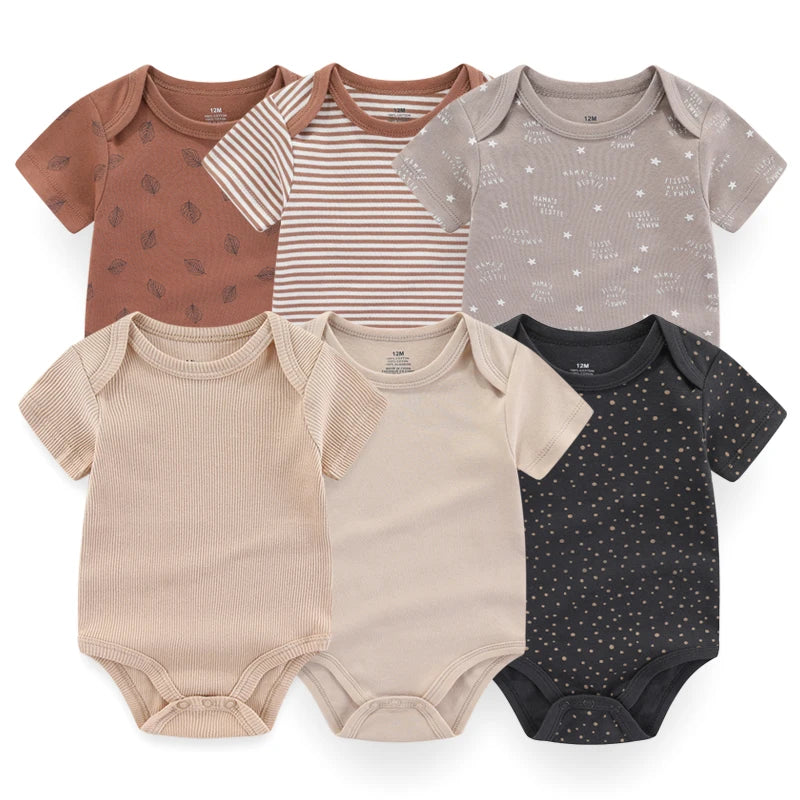 Baby Cotton Bodysuit Set, 6-Piece Short Sleeve Outfits with Envelope Shoulders and Snap Crotch for Boys and Girls, Sizes 3M-12M