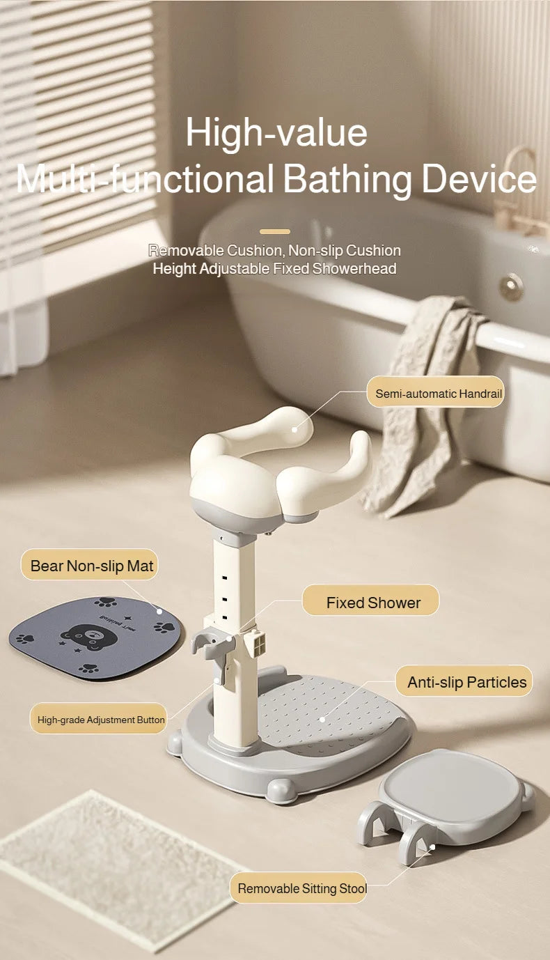Adjustable Kids Shower Stand with Wraparound Support, Textured Base and Showerhead Holder, Gray or Brown Options for Adult-Supervised Bathing