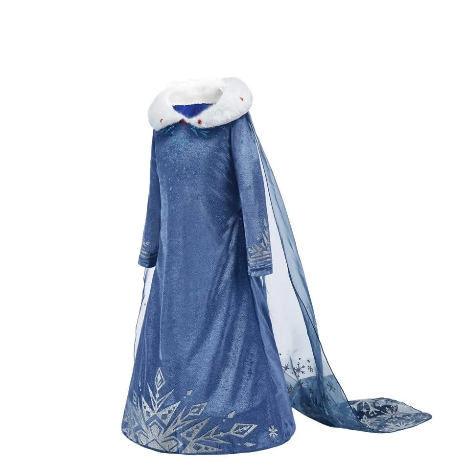 Girls Ice Princess Costume Dress with Long Sleeves, Fluffy Collar and Snowflake Cape, Blue Snow Queen Outfit for Birthdays and Halloween