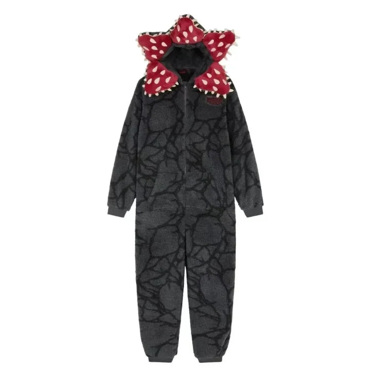 Demogorgon Costume for Kids and Adults, Black Flannel Monster Hooded Jumpsuit with Flower Face Design for Halloween Parties and Cosplay
