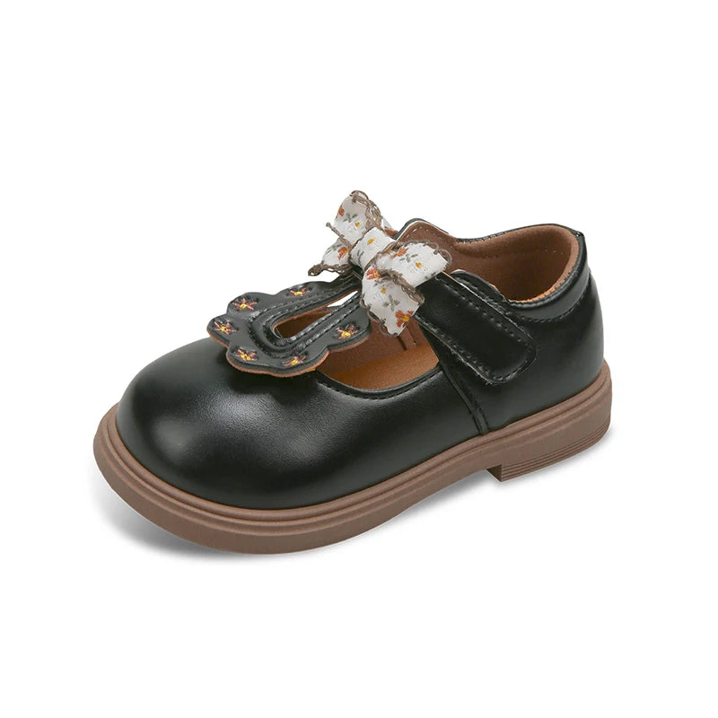 Girls Floral Bow T-Strap Shoes with Scalloped Flower Details and Round Toe, Black or Beige Dress Flats for School Outfits, Parties and Photos