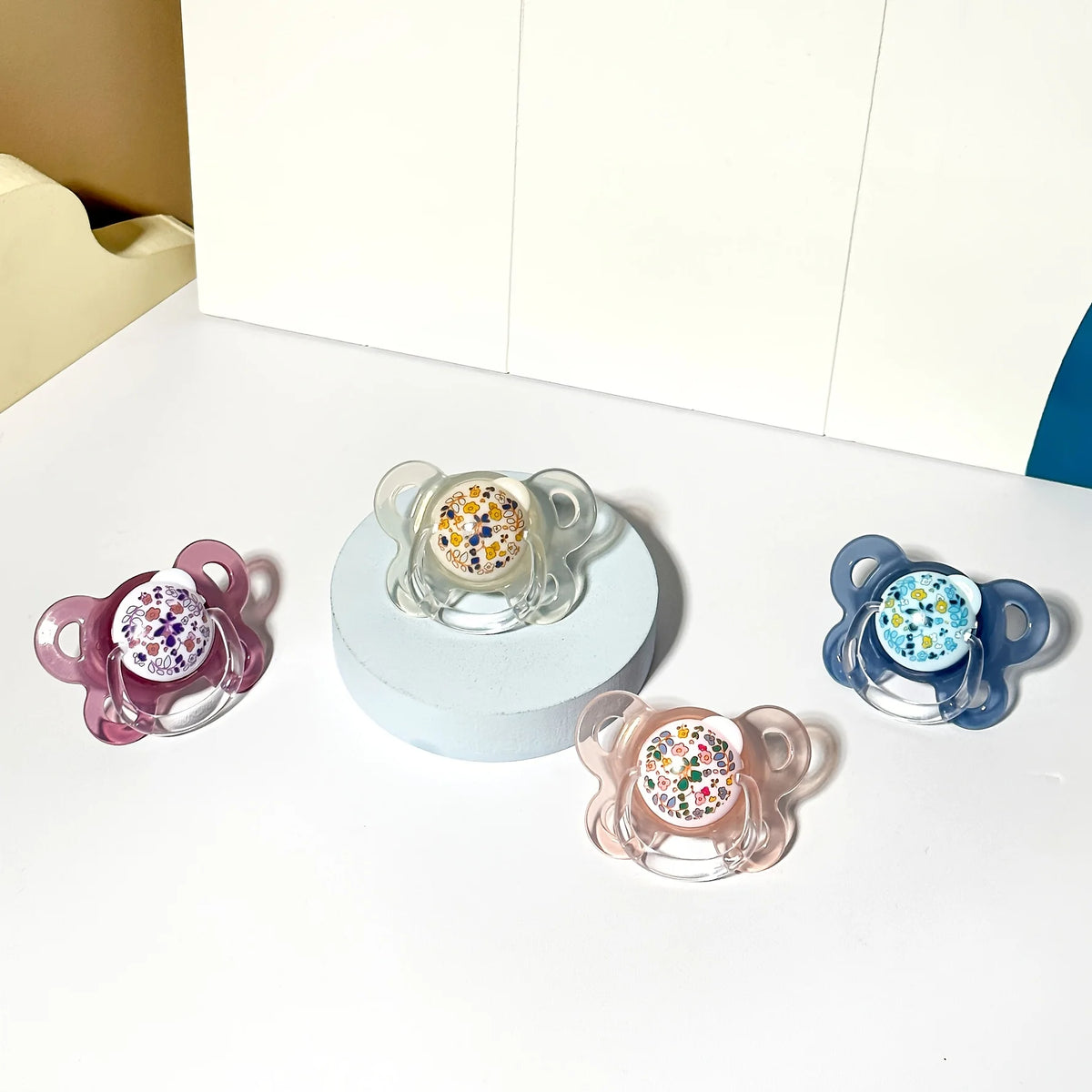 Floral Baby Pacifier Set with Covers and Thumb-Shaped Nipples, Pink and Blue Printed Soothers for Infants 0-6 Months and Baby Shower Gifts