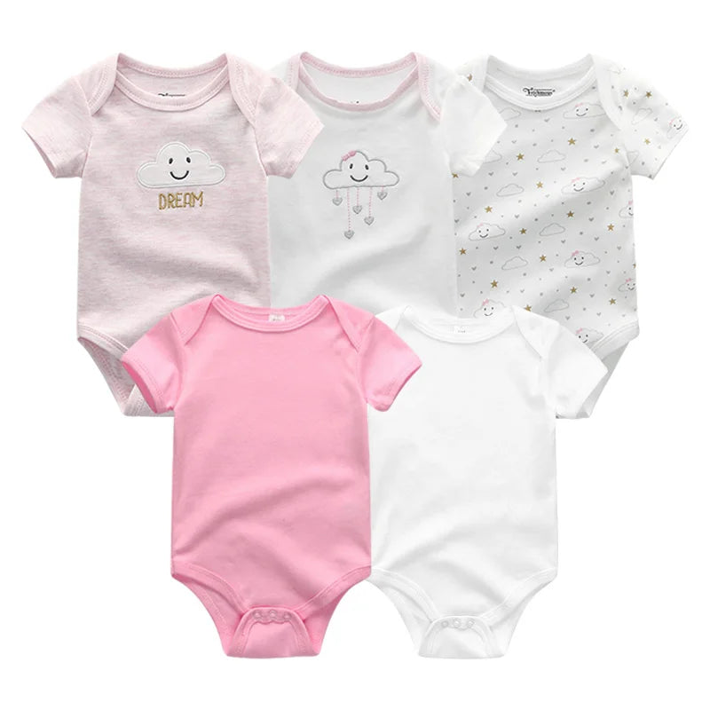 Infant Cotton Bodysuits 5-Pack with Short Sleeves and Envelope Shoulders, Solid Colors and Playful Prints for Baby Boys and Girls, Sizes 3M-12M