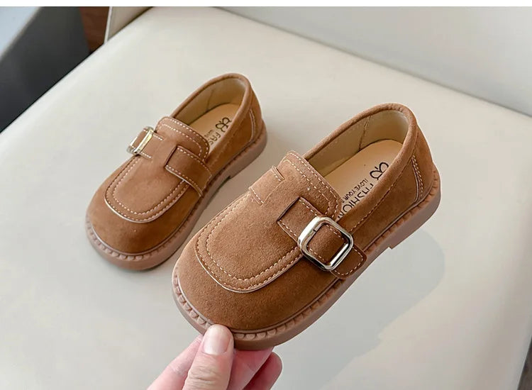 Girls Buckle Loafers with Rounded Toe and Stitched Detail, Brown or Khaki Casual Flats for School Outfits, Spring and Fall Days