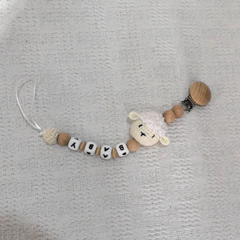 Custom Name Pacifier Clip with Crochet Animal Detail, Beech Wood Holder and Letter Beads, Personalized Baby Shower Gift for Everyday Outings