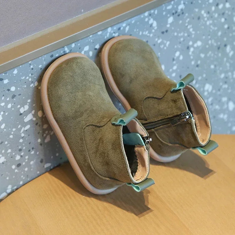 Toddler Suede-Look Ankle Boots with Side Zipper and Colorful Pull Tabs, Green Pink or Yellow Casual Short Boots for Boys and Girls in Sizes 21–30