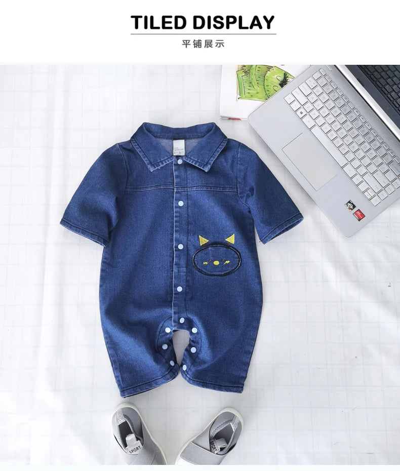 Collared Baby Denim Romper by IENENS with Chest Pockets and Snap Fastenings, Blue Long Sleeve One-Piece Outfit for Boys and Girls in 0-18M Sizes