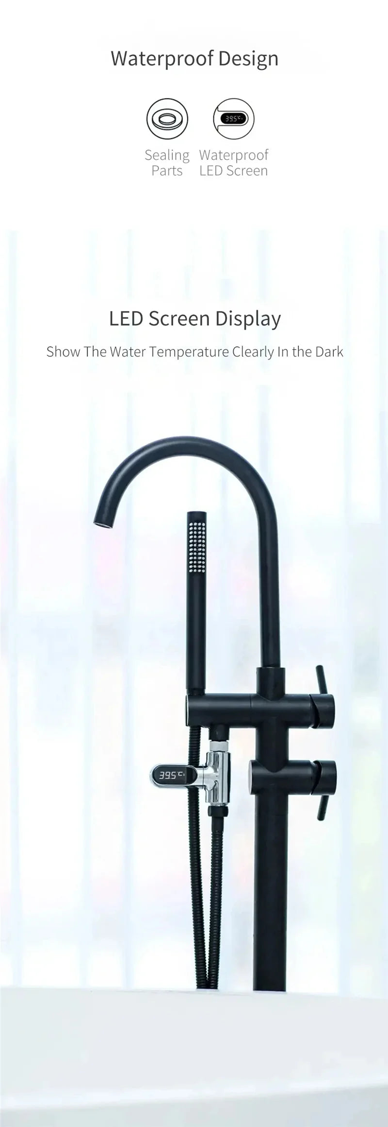 Inline Shower Water Thermometer with Large LED Temperature Display, First or Second Generation Options for Parent-Managed Bath Preparation