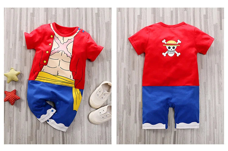 Pirate Costume Baby Romper, Red and Blue Cotton Short Sleeve One-Piece with Printed Vest and Yellow Sash for Anime Photos, 0-18M