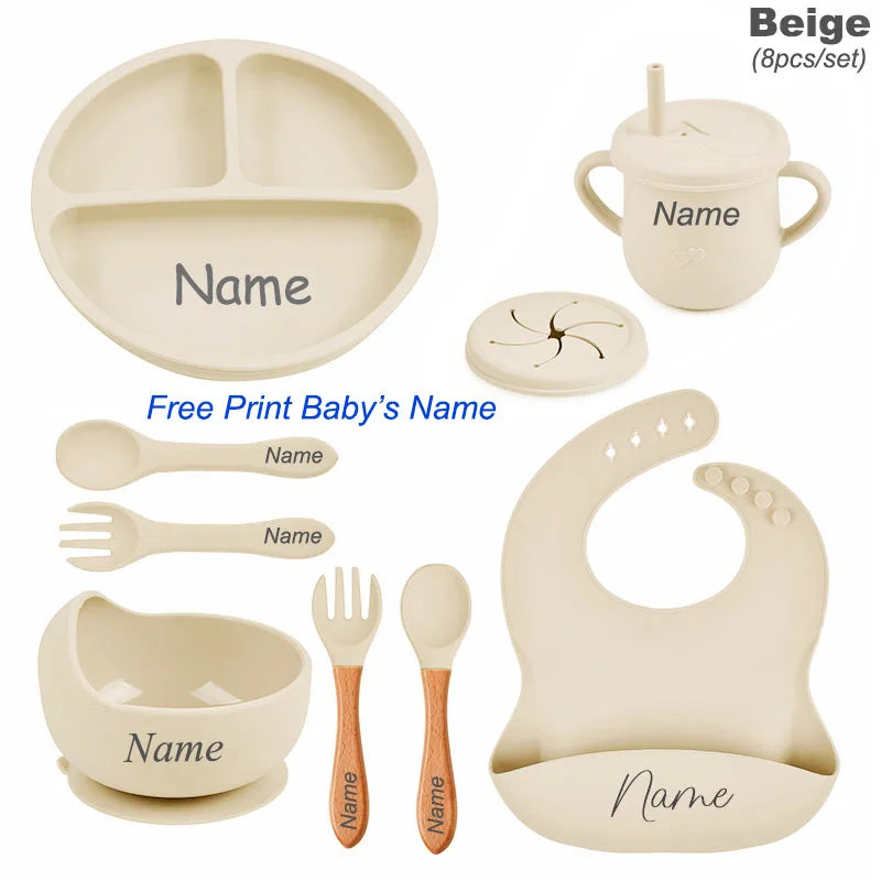 Personalized Silicone Baby Tableware Set, 8-Piece Collection with Divided Plate, Suction Bowl, Pocket Bib, Straw Cup and Two Utensil Pairs