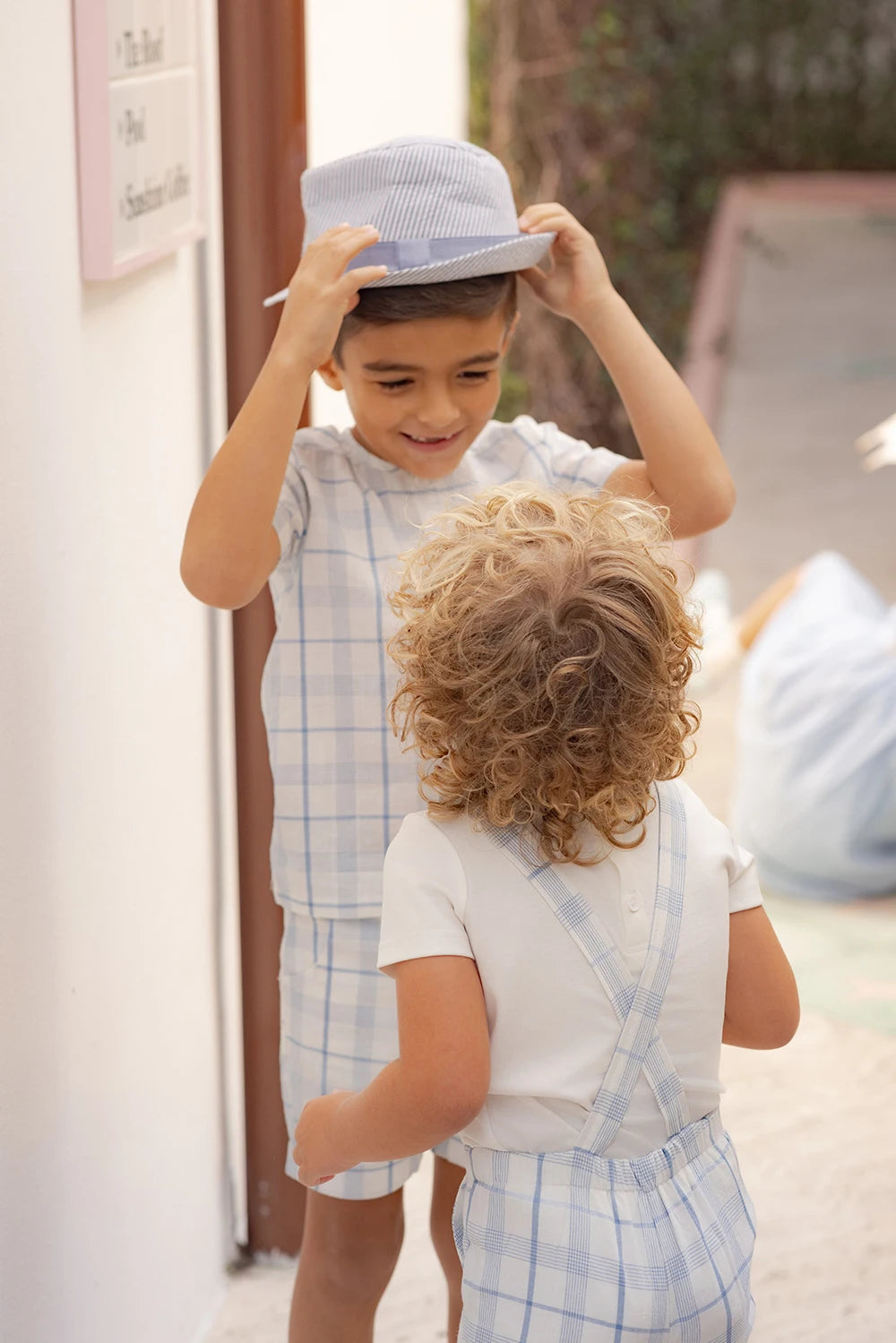 Light Blue Sibling Matching Outfits with Cotton Girls Collared Dresses, Baby Rompers and Boys Plaid Sets, Lyocell Knit Tops and White Separates