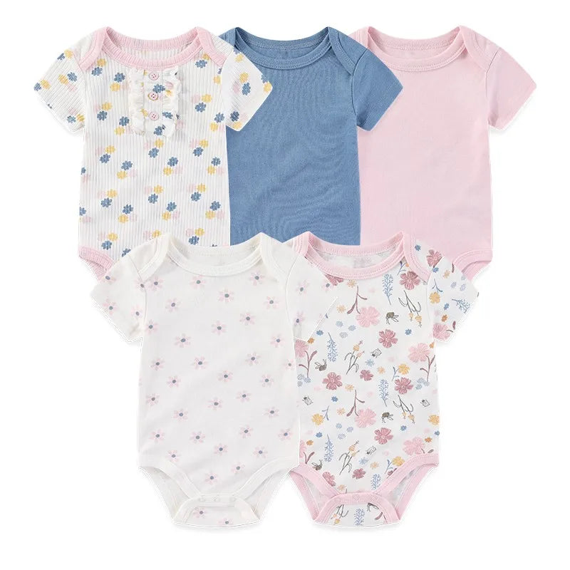 Baby Bodysuit Multipack in Cotton, 4- or 5-Piece Short Sleeve Infant Clothing with Printed and Solid Designs for Boys and Girls, Sizes 3M-12M