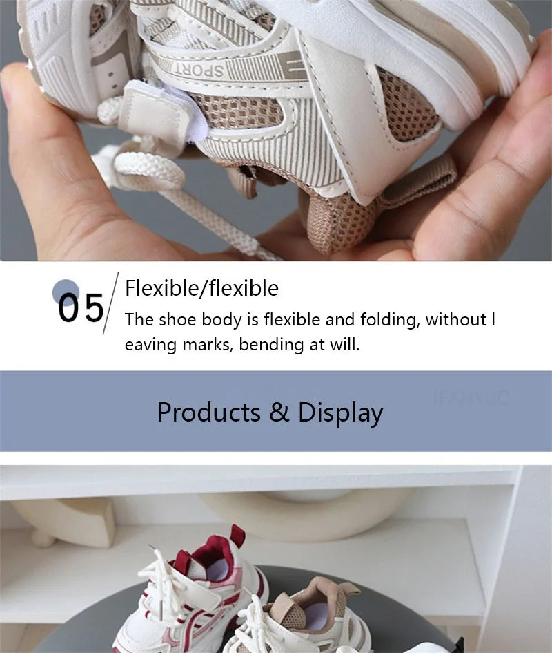 Children Mesh Sports Sneakers with Layered Panels, Lace and Strap Styling for Boys and Girls, Casual Spring and Fall Shoes in Red, Khaki or Black