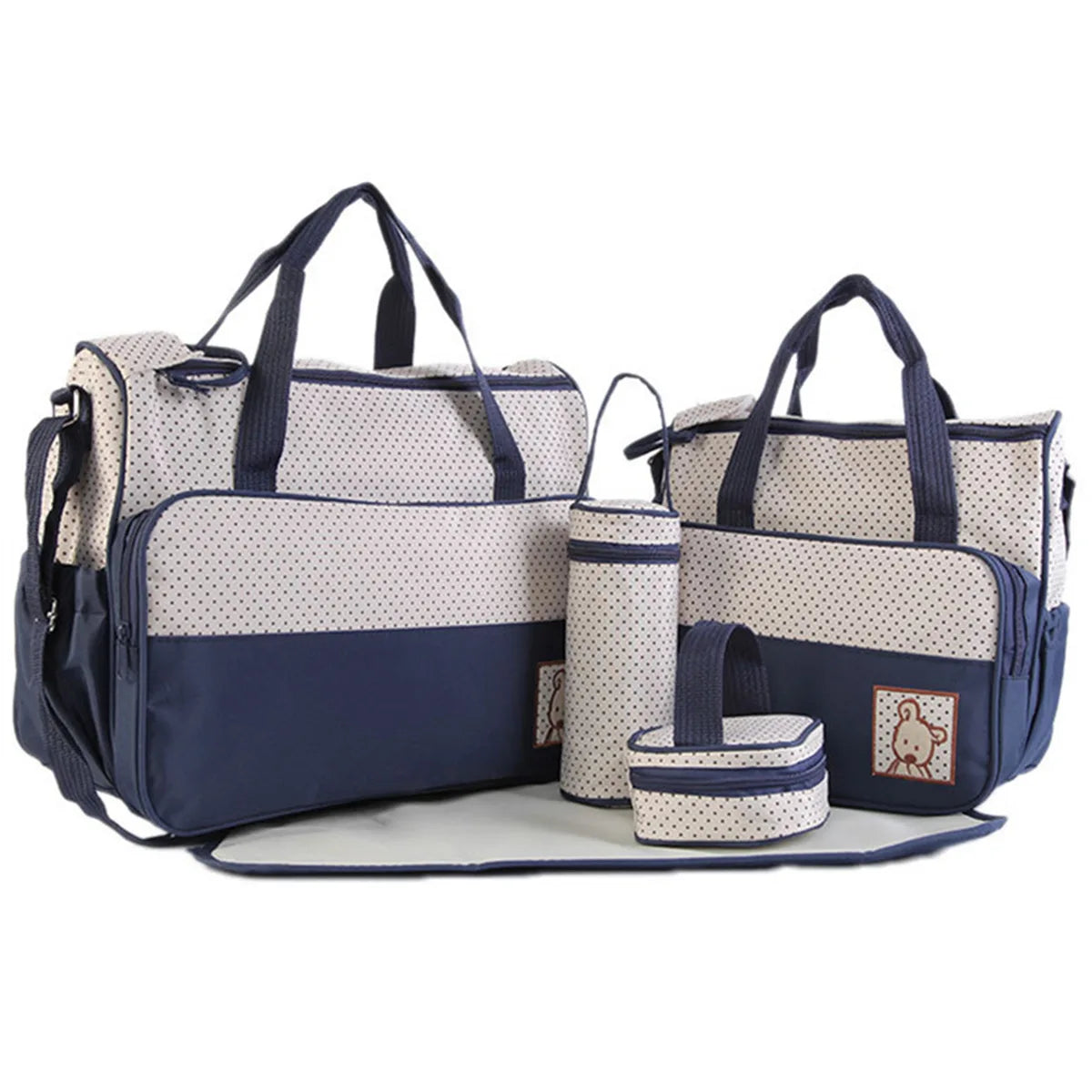 Diaper Bag Set 5 Piece with Polka Dot Design, Large Mommy Tote and Coordinating Storage Bags for Baby Essentials, Daily Outings and Travel