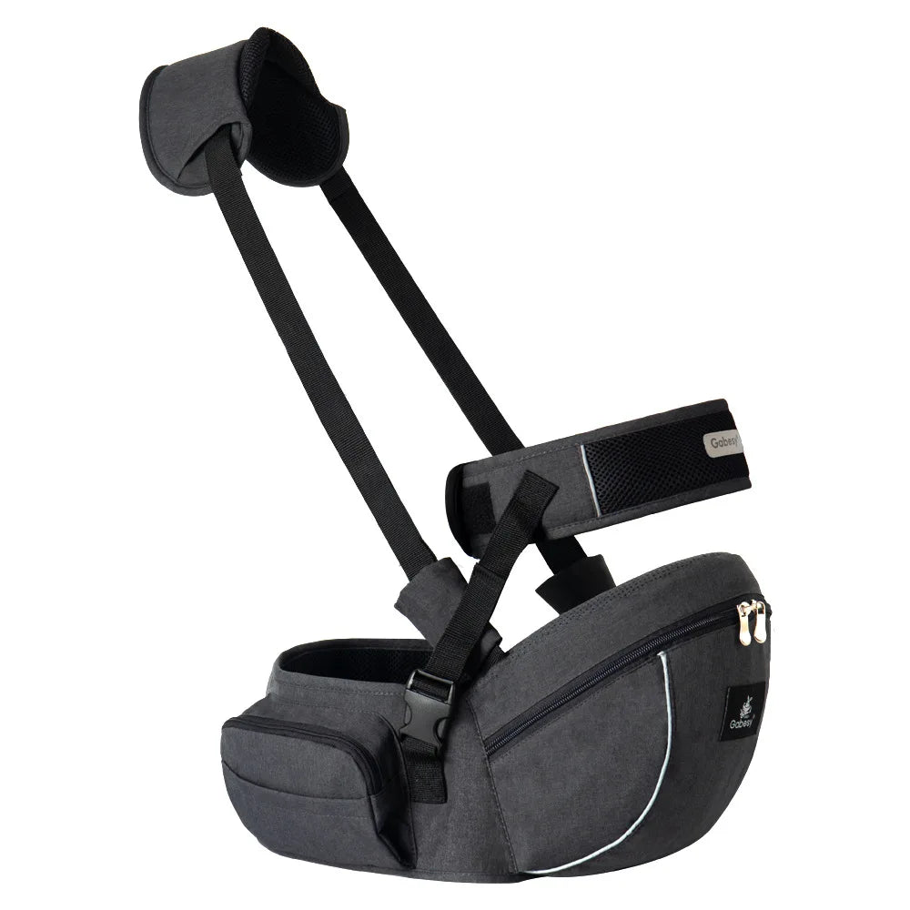 Waist-Mounted Baby Hip Seat with Padded Shoulder Strap and Zippered Storage Pockets, Gray or Black Carrying Accessory for Everyday Parent Outings