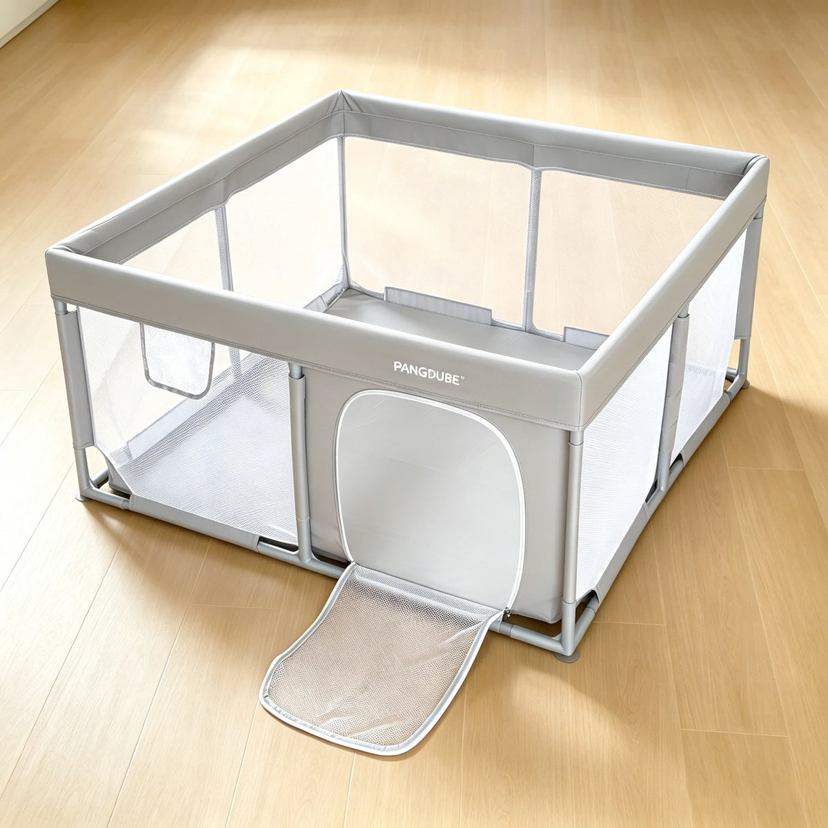 Padded Baby Playpen by PANGDUBE, Gray Mesh Activity Yard with External Zipper Door, Storage Pocket and Five Size Options for Supervised Play