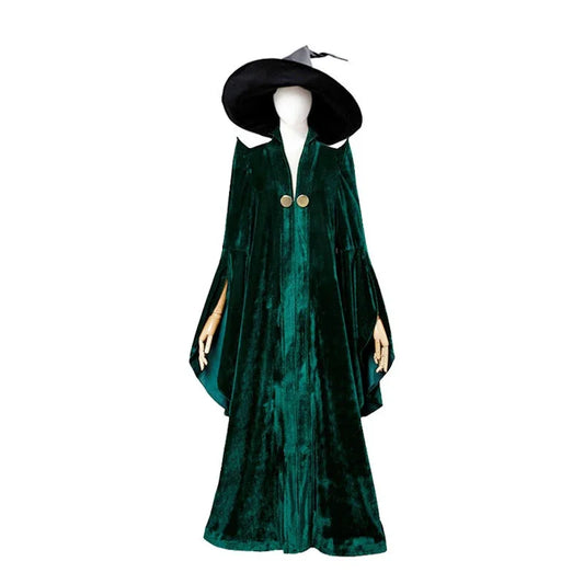 Green Witch Costume Robe with Dramatic Pointed Collar and Wide Sleeves, Wizard Professor Inspired Outfit for Halloween and Cosplay