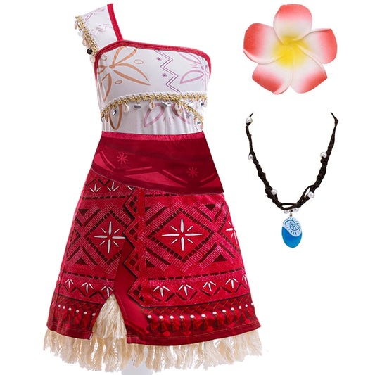 Ocean Princess Costume Dress for Girls with Necklace, Red Patterned Skirt and Fringe Trim for Halloween, Birthday Parties and Adventure Dress-Up