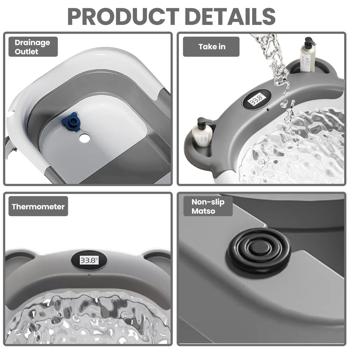 Travel Baby Bathtub with Thermometer and Soft Floating Cushion, Collapsible PP and TPE Bath Tub with Drain Plug for Supervised Infant and Toddler Bathing