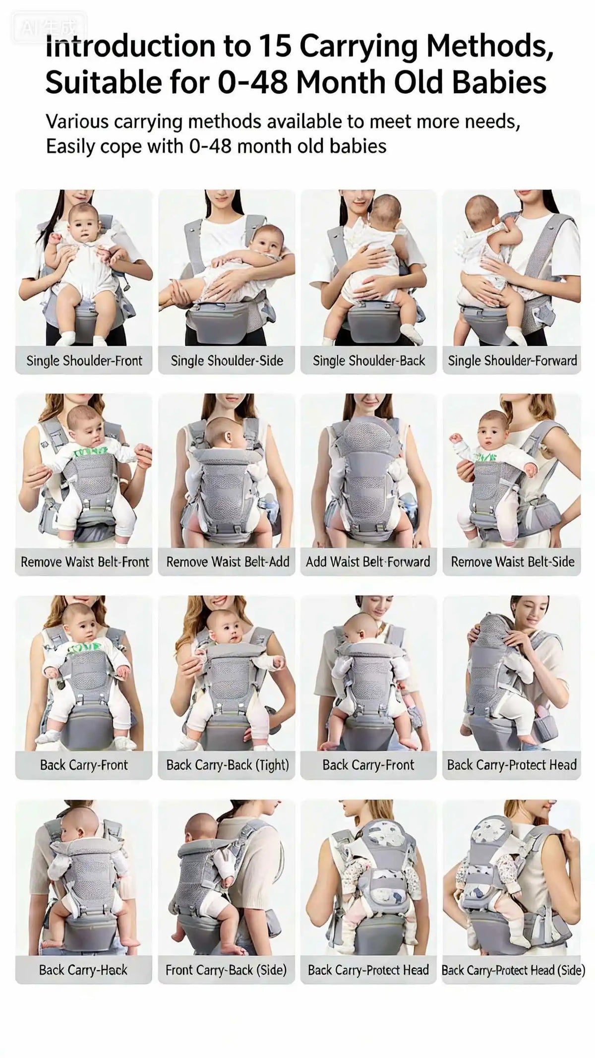 Front and Back Baby Carrier with Hip Seat, Adjustable Buckle Straps and Wide Waist Belt, Gray or Dark Blue Babywearing for Family Outings