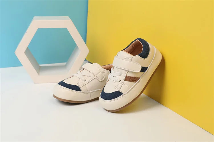 Toddler Microfiber Leather Sneakers with Hook-and-Loop Strap and Colorblock Trim, DIMI Baby Boys and Girls Casual Shoes in Blue Brown or Pink