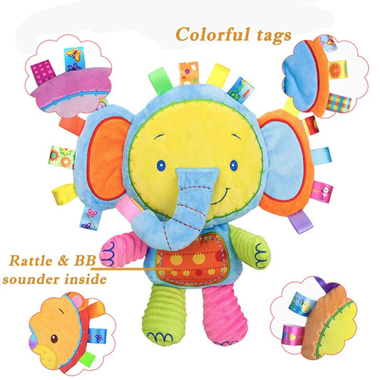 Taggy Animal Plush Rattle for Babies, Colorful Elephant, Monkey, Rabbit, Lion or Pig Soft Sensory Toy for Supervised Play and Baby Shower Gifts