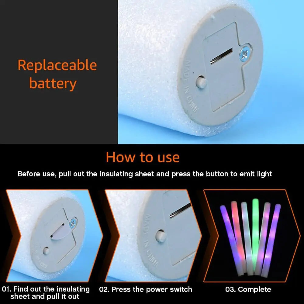 Bulk RGB LED Glow Sticks, 100-Pack Light-Up Foam Cheer Tubes with 3 Flashing Modes and Included Batteries for Weddings, Birthdays and Christmas Parties