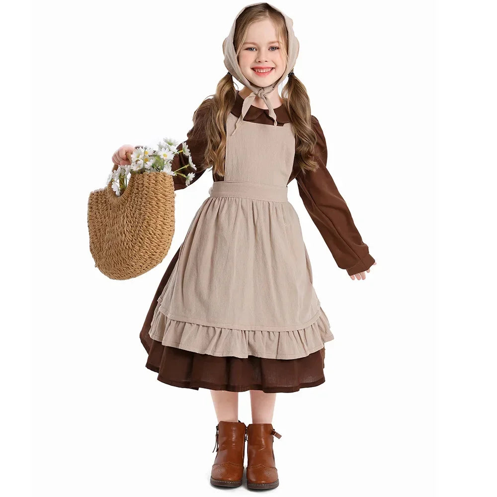 Girls Pioneer Prairie Costume Dress with Apron and Bonnet Options for Colonial School Plays, Historical Dress-Up and Halloween Events