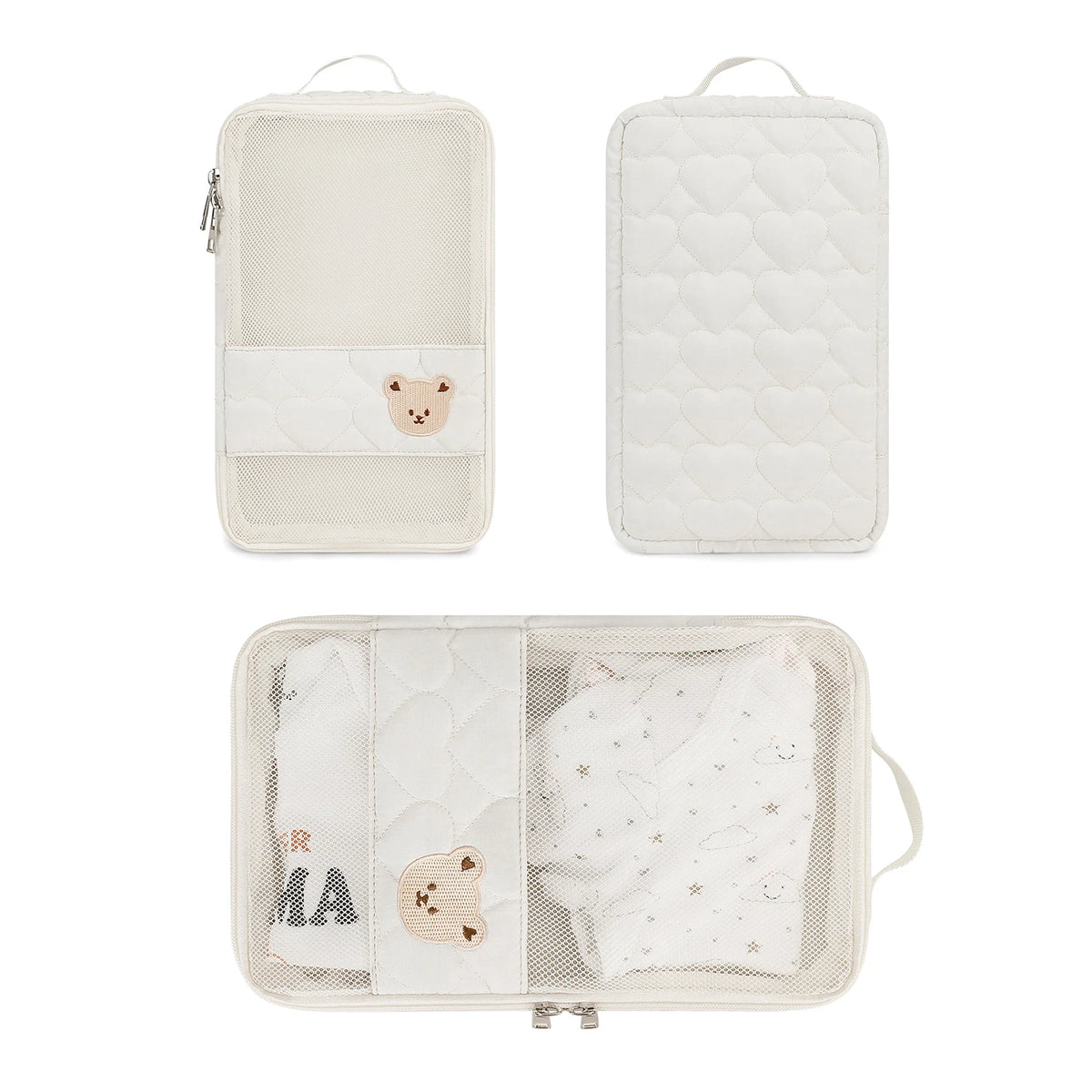 Diaper Organizer Bag with Mesh Front and White Bear Detail, Portable Zip Pouch for Baby Clothes, Changing Essentials and Family Travel
